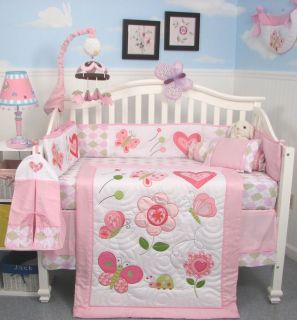 Pink Butterflies Kisses Baby Crib Nursery Bedding 13pcs Set included 