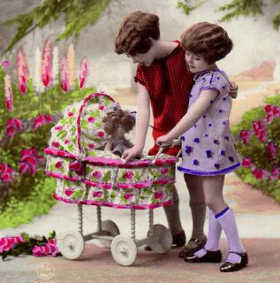   Real Photo tinted postcard GIRLs w/DOLL + Toy STROLLER / Pram Art Deco
