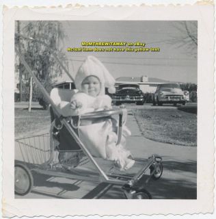 OLD PHOTO Linda Jean Lamb Baby in Stroller Automobiles Cute Outfit Cap 