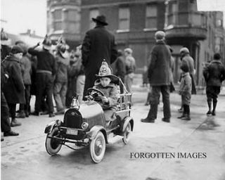 LITTLE BOY AND HIS FIRE ENGINE PEDAL CAR 1910s PHOTO