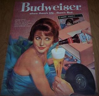 1962 vintage bar art AD Retro Pink Record Player Budweiser Beer