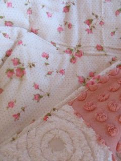 Vintage chenille baby quilt comforter throw  Fluffy pastel & tearose 