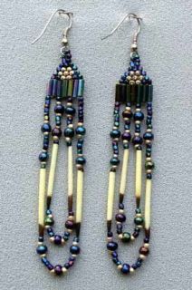 Beaded Earrings Porcupine Quills Blue Gold Loops Long