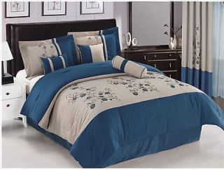 15PC Embrodiery Blue Flowers Comforter Set KING w/ Matching Curtain 