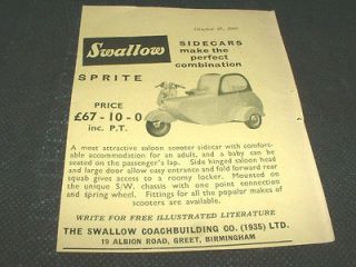 Swallow Sprite Scooter Sidecar Magazine Advert Motorbike Motor Cycle 