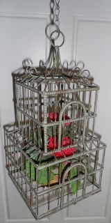  green rustic metal hanging bird cage with fake plant decor 16 tall