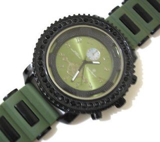 Iced Out Bling Bling Big Case Rubber Band Mens Watch Olive Green