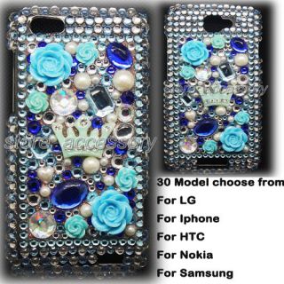 Blue Crown Rhinestone Crystal Bling Back Case Cover For Mobile Cell 
