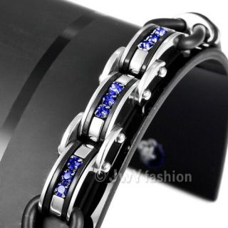   Blue Silver Stainless Steel Black Rubber Bracelet Bangle vc730 New