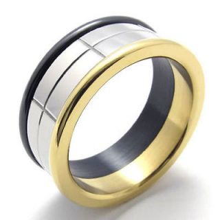 Size 10 Black Gold Silver 3 Tone Love Stainless Steel Band Mens Ring 
