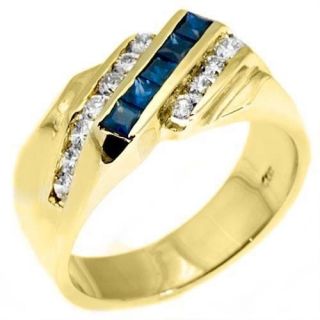 MENS 14KT YELLOW GOLD BLUE SAPPHIRE DIAMOND RING WEDDING BAND PRINCESS 
