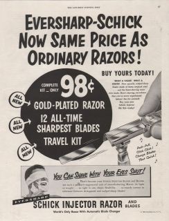 1950 VINTAGE SCHICK INJECTOR RAZOR AND BLADES GOLD PLATED PRINT AD