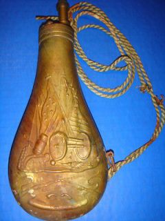 ANTIQUE COPPER BLACK POWDER FLASK EMBOSSED WITH CANNON WHEELS, FLAGS 