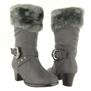  Calf High Heel Faux Fur Collar Suede Gray Boots Kids shoes Size 9 4