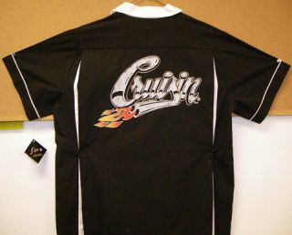 CRUISIN w/FLAMES Black retro bowling shirt pleats C​OOL