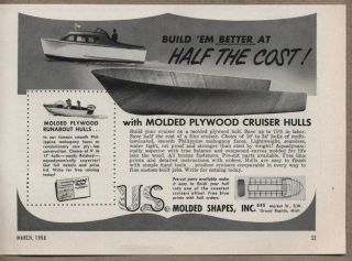 1958 Ad Molded Plywood Cruiser Boat Hulls US Molded Shapes Grand 
