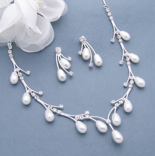 Pearl Necklace Set Bridal Wedding BRIDESMAID Gift Earrings Crystal 