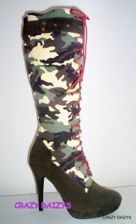 SO CUTE ~ ARMY GIRL GREEN CAMOUFLAGE LACE UP FRONT KNEE HIGH COSTUME 