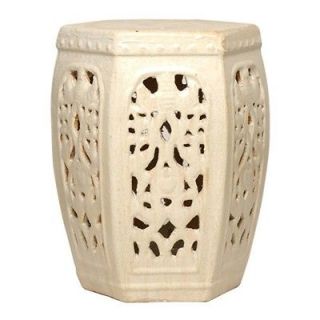 IVORY HEXAGON CERAMIC GARDEN STOOL, Glossy, End or Side Table, Indoor 