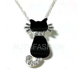   Animal Black Kitty Pendant Necklace Cat Kitten Crystal Free Gift Box