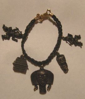   Pewter African Tribal Symbols Black Charm Bracelet Hut Drum Small