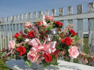 Solar Light Red Pink Sympathy Cemetery Silk Flower Saddles Mothers 