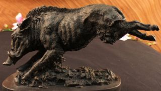 Signed Barye Wild Boar Jumping Bronze Marble Sculpture Statue Figurine 