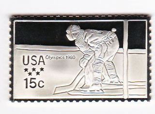 FRANKLIN MINT 1980 SILVER US OLYMPIC POSTAGE STAMP ICE HOCKEY 12GR