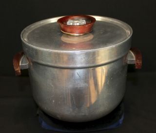 Vintage mid century Buenilum aluminum ice bucket w wooden handles