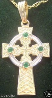   Gold Emerald Celtic Cross Necklace Pendant Irish jewellery green a r
