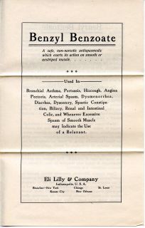 Benzyl Benzoate Antispasmodic Drug Medicine Info Paper 1920s Eli Lilly 