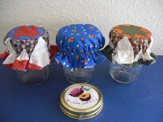 Vintage Glass Jam Fruit Jelly Jars & 4 Lid Covers