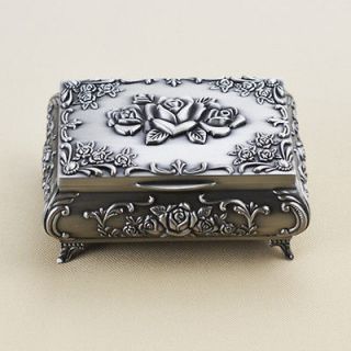 Small Silver Carved Flower Metal Jewelry Trinket Storage Box