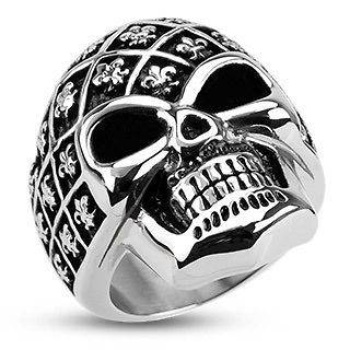 Stainless Steel Large Fleur De Lis Patterned Skull Biker Ring Size 9 