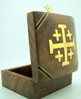 Wood Rosary Keepsake Treasure Box w Gold Jerusalem Crusader 