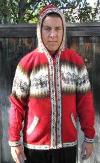 New Red with Brown Soft Alpaca Sweater Jacket With Zipper & Hood Peru 