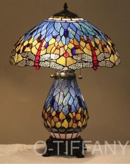   Style Stained Glass Lamp Blue Dragonfly w/ Lit Base & 18 Shade