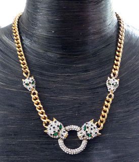 Butler and Wilson Crystal Leopard Head Ring Gold Tone Chain Necklace 