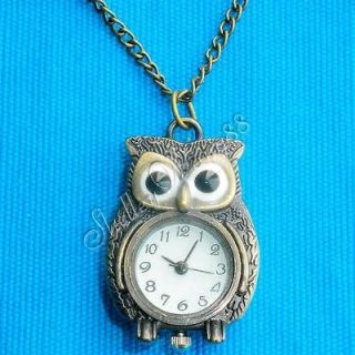 Bronze Vintage Owl Clock Pocket Quartz Pendant Necklace Watch Sweater 
