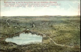 Lake Winnebago WI & Fox River Valley Birds Eye View Map c1910 