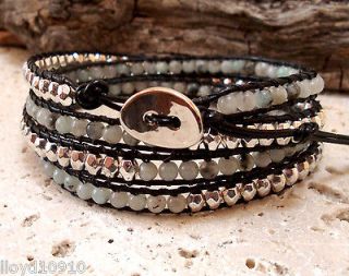   Lan & Silver Nugget Gemstone Handmade Beaded Leather Wrap Bracelet