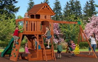 New Outdoor Playground Wooden Cedar Swing Set Playhouse 10 Slide & 5 