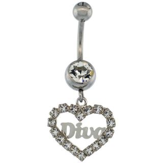 Stainless Steel HEART ( DIVA ) Belly Navel Ring w/Crystals ssbr208