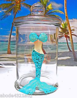 Tropical Glass Canister Mermaid Palm Tree Beach Decoration Nautical 