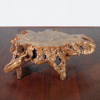 5Ft Wide Rustic Solid Teak Root Coffee Table w/ Carved Grapes & Leaves 