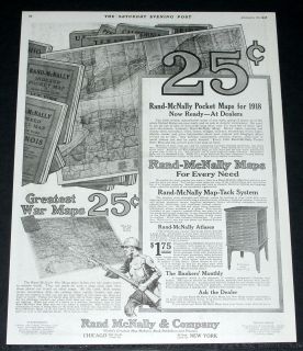 1918 OLD MAGAZINE PRINT AD, RAND MCNALLY POCKET WWI WAR MAPS, 18 