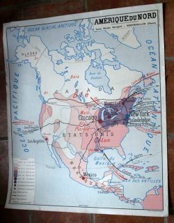 French vintage school poster map america usa two sided