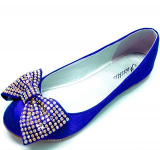   womens shoes ballet flat ballerina rhinestones bow satin royal blue
