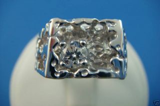 14 K. MENS DIAMOND NUGGET RING WHITE GOLD UNUSUAL SOLID BACK SIZE 10