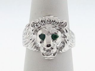 NEW Lion Head Natural Emeralds Diamond Solid 18k White Gold Mens Ring